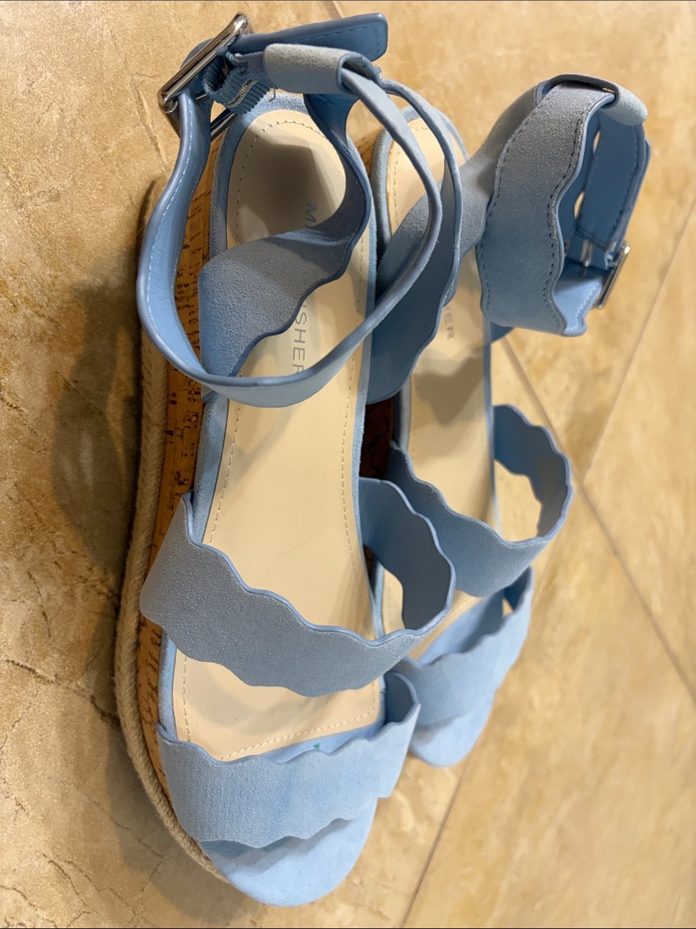 Marc Fisher Powder Blue Scalloped Wedge Sandals